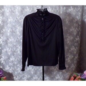 Vintage 70s Blouse 1970s Ruffle Collar Black Victorian Prairie Goth Size Medium